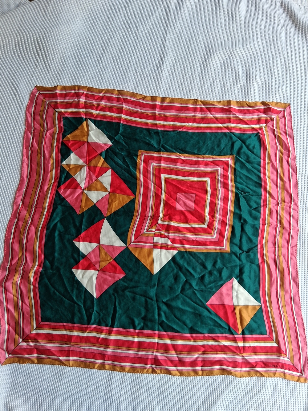 Anne Klein Vintage Scarf Geometric Print  Green & Pink 100% Silk